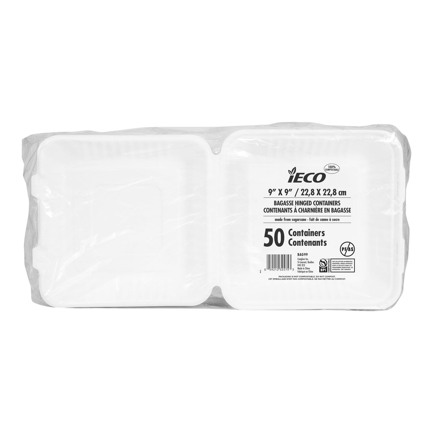 IECO Hinged Bagasse Containers 9 in × 9 in, 2 packs of 50 - image 3