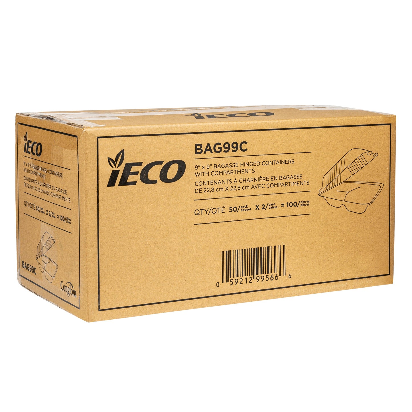 iECO Hinged 3-compartment Bagasse Containers 9 in × 9 in, 2 Packs of 50 - image 2