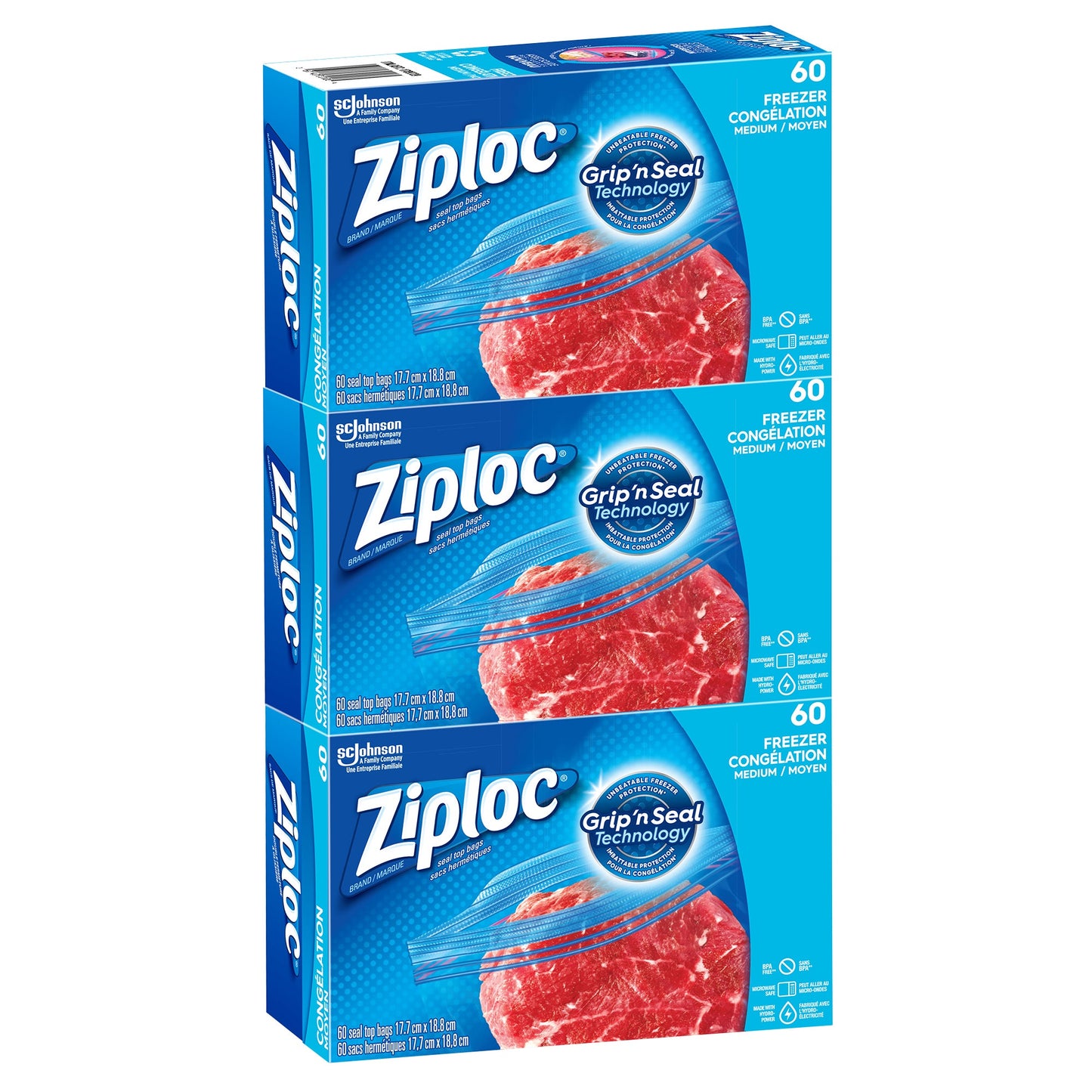 Ziploc Easy Open Medium Freezer Bags, 3 packs of 60 - image 1