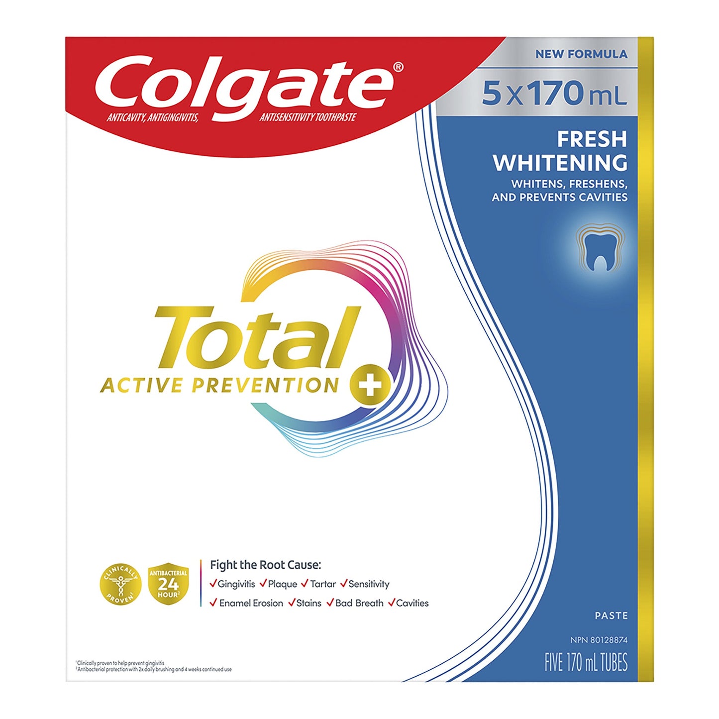 Colgate Total Active Prevention Plus Fresh Whitening Toothpaste, 5 x 170mL - image 1