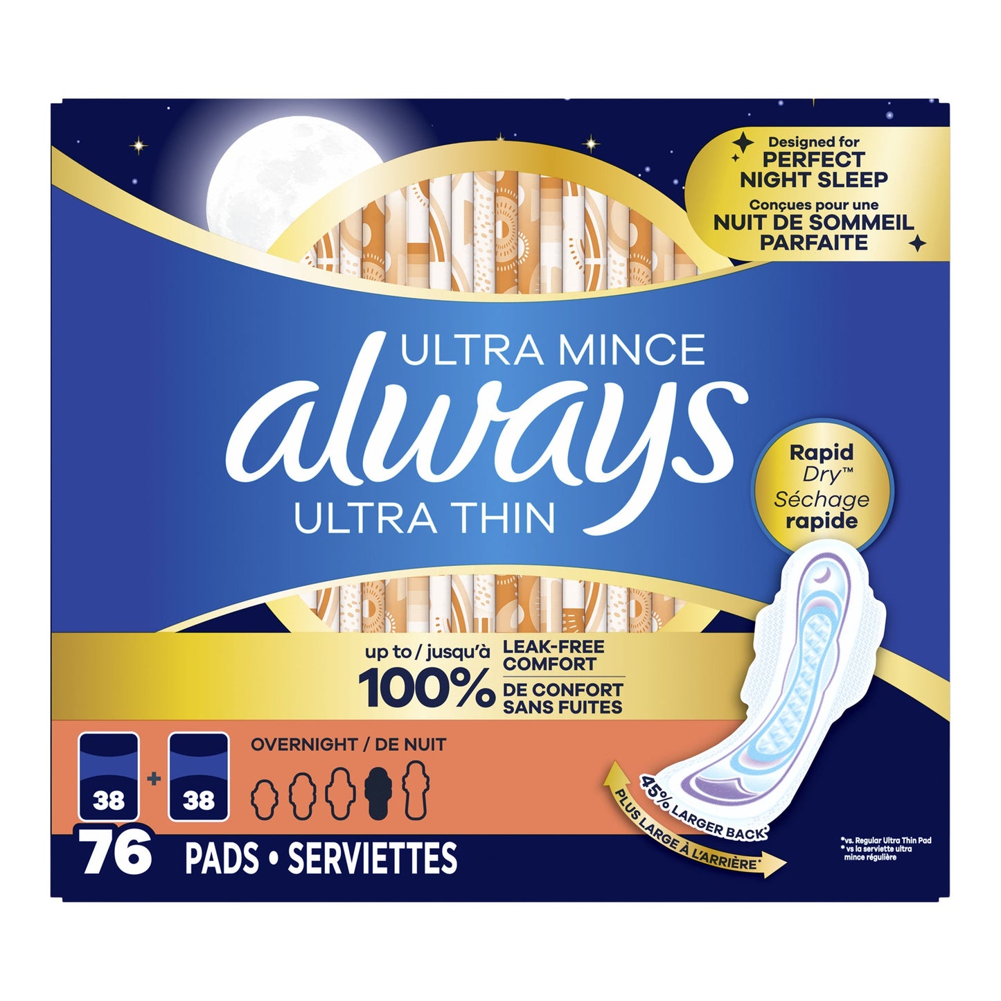 Always Ultra Thin Overnight Pads, 76-count - image 1