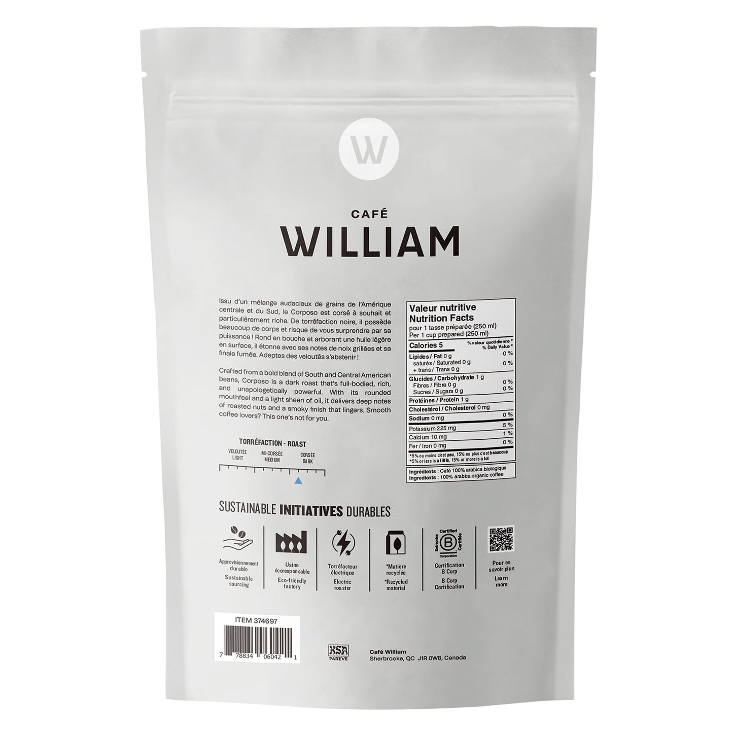 Café William Corposo Dark Roast Fair Trade and Organic Whole Bean Coffee, 2 x 908 g - image 2