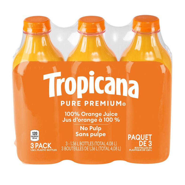Tropicana Pure Premium 100% Orange Juice, No Pulp, 3 × 1.36 L — image 1