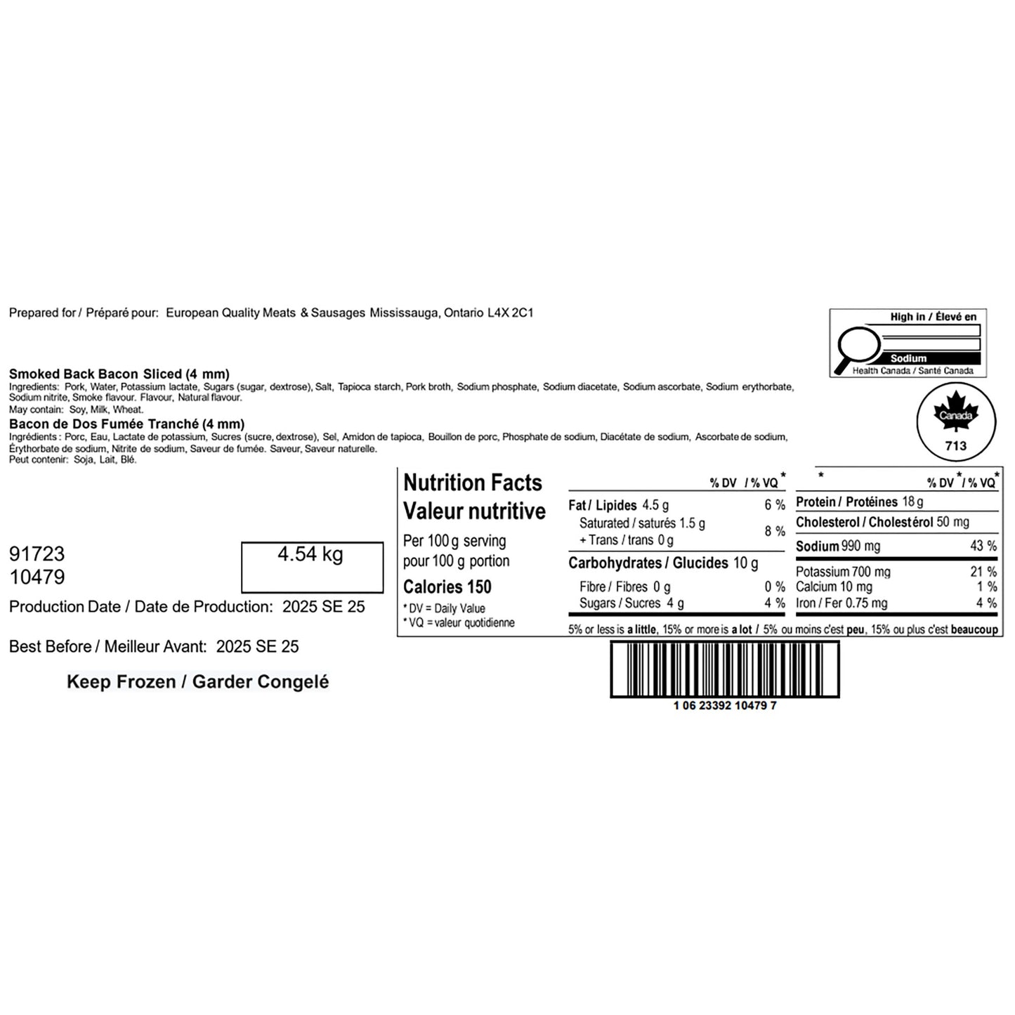 European Quality Meats, Smoked Back Bacon, 4.54kg - image 3