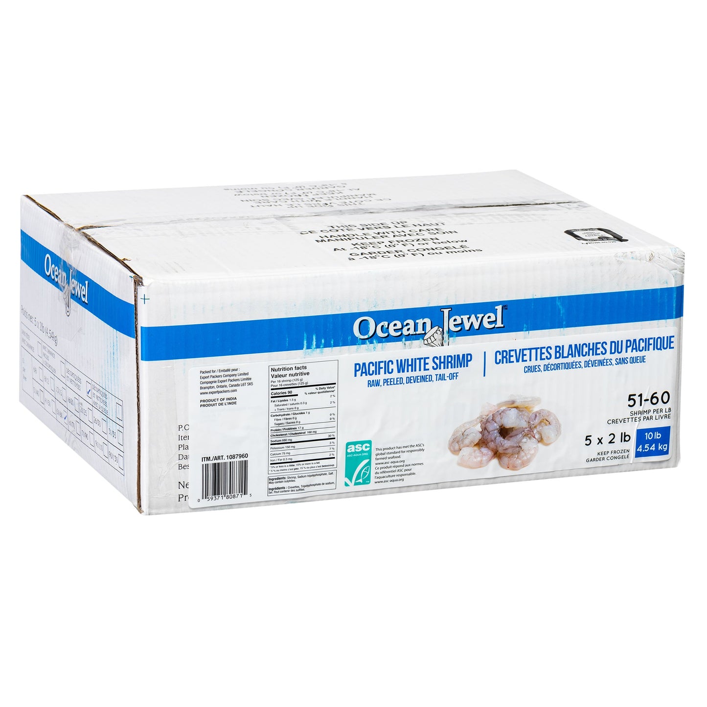Ocean Jewel Frozen Raw Pacific White Shrimp Tail-Off 51-60, 4.54 kg - image 1