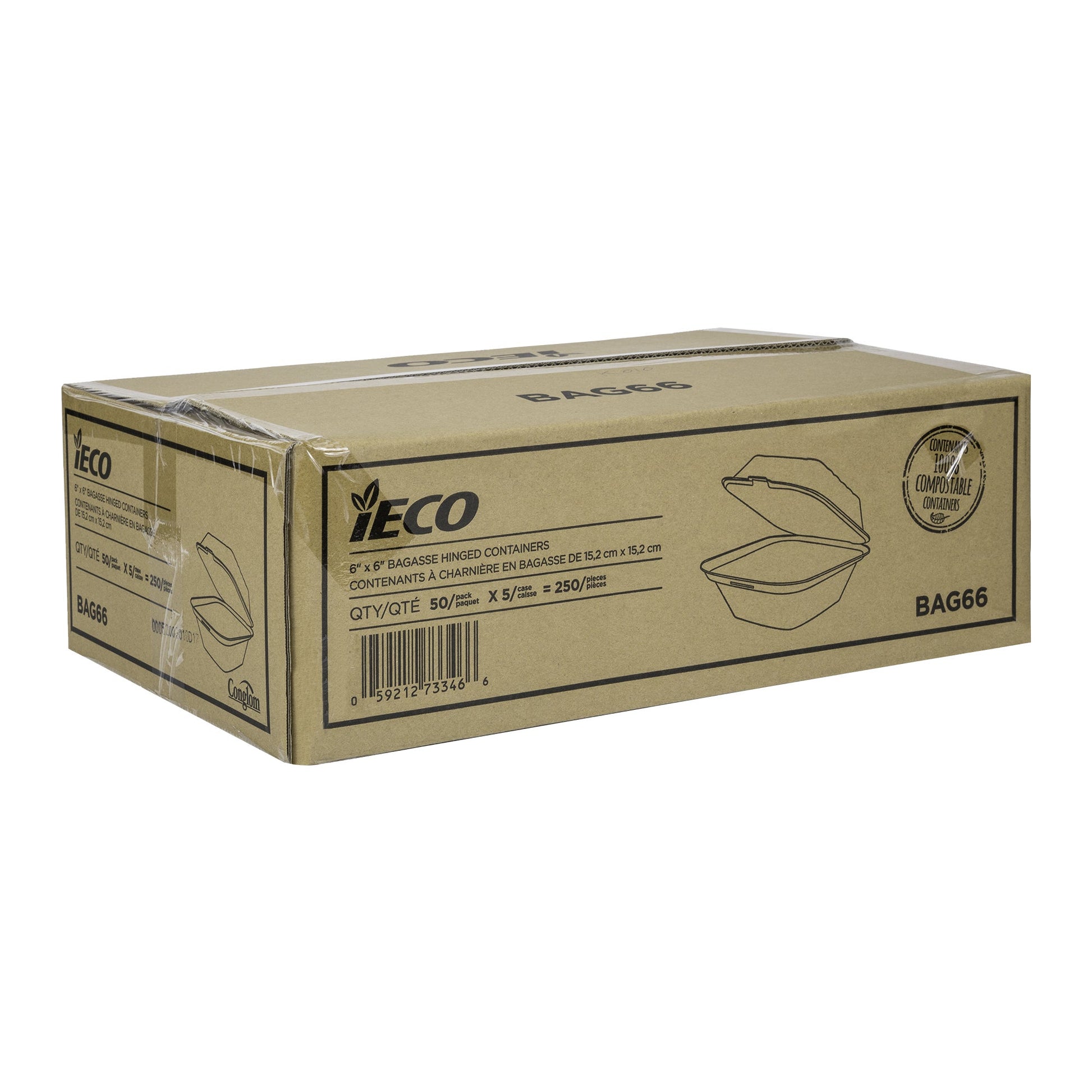 iEco Hinged Bagasse Container 6 in × 6 in, 5 packs of 50 - image 2