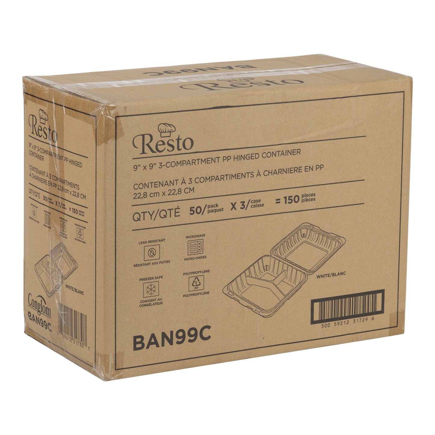 Resto Hinged 3-compartment MFPP Container 9 in × 9 in, Pack of 150 - image 2