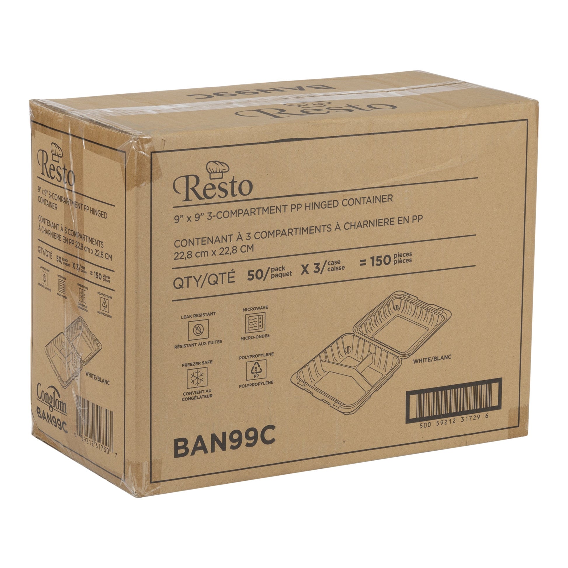 Resto Hinged 3-compartment MFPP Container 9 in × 9 in, Pack of 150 - image 2
