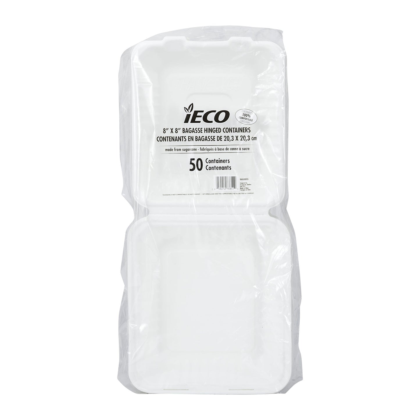 iEco Hinged Bagasse Container 8 in × 8 in, 2 packs of 50 - image 2