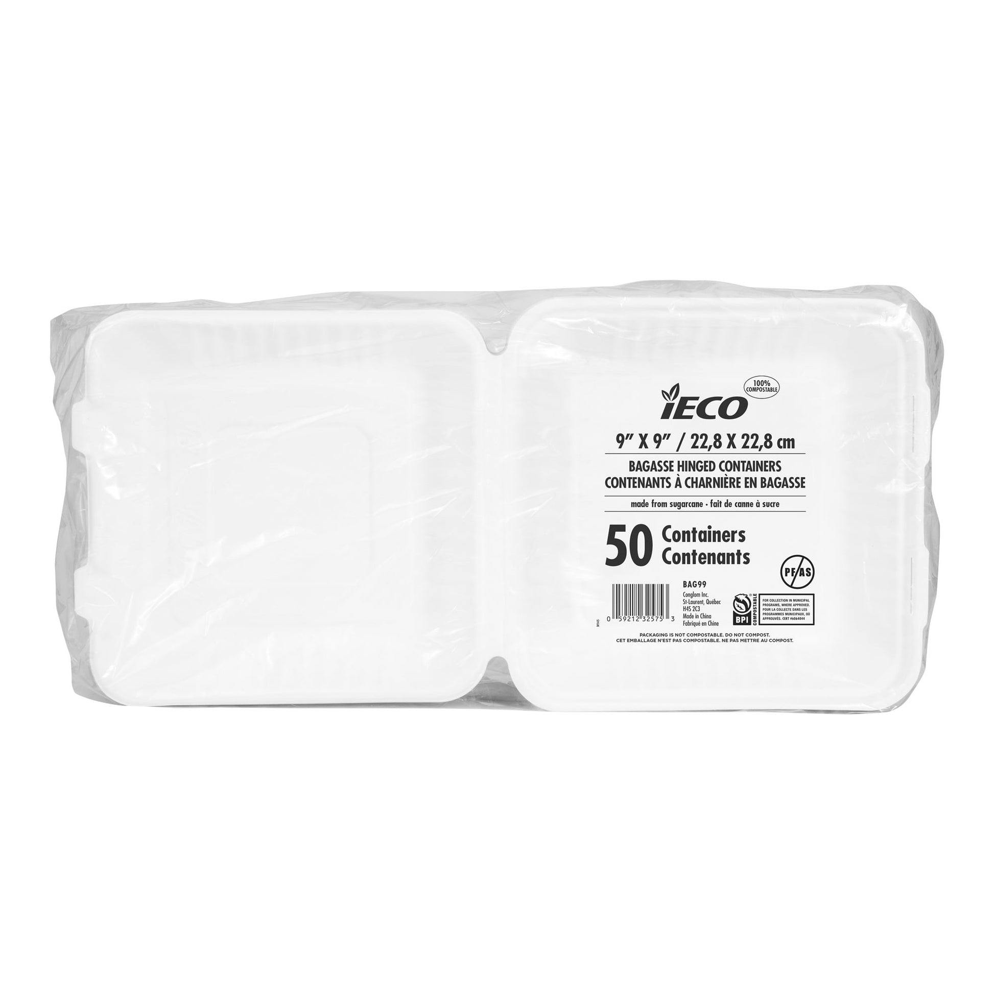 IECO Hinged Bagasse Containers 9 in × 9 in, 2 packs of 50 - image 3