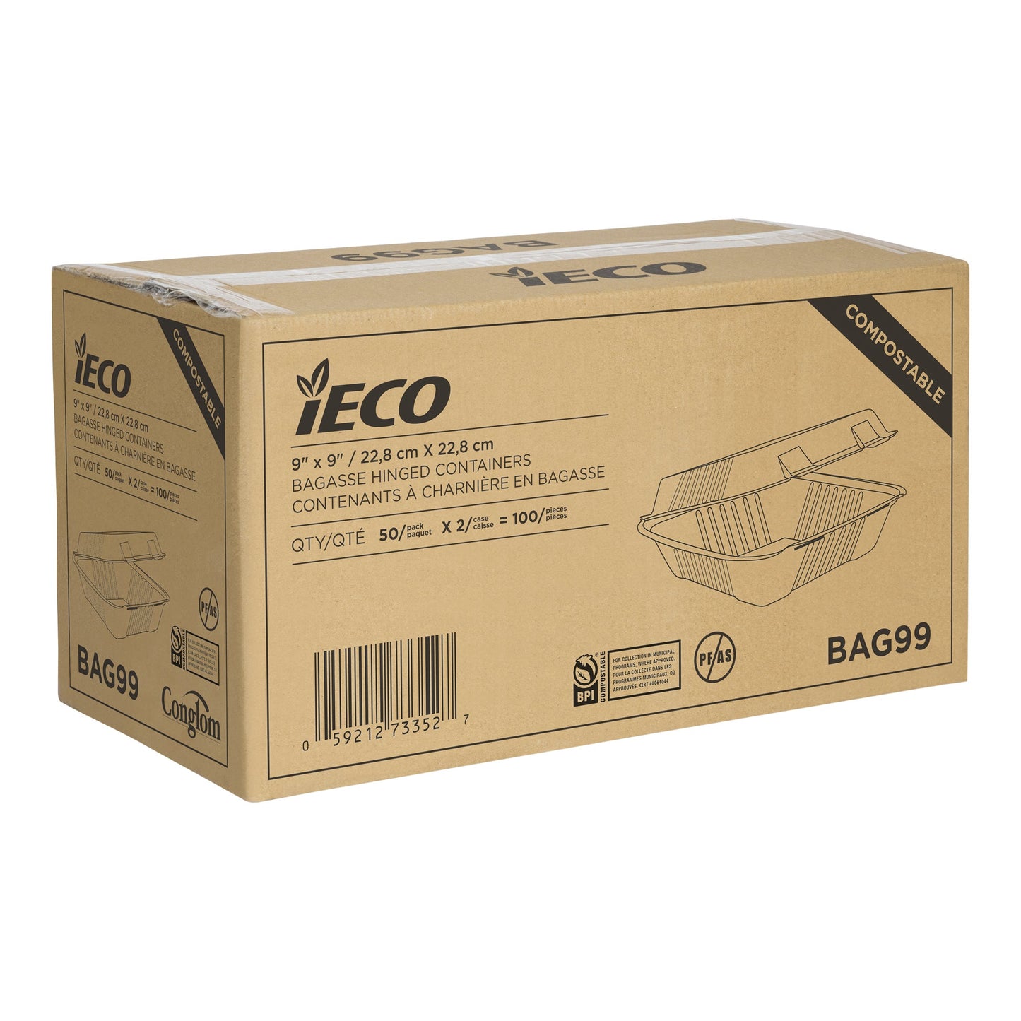 IECO Hinged Bagasse Containers 9 in × 9 in, 2 packs of 50 - image 2