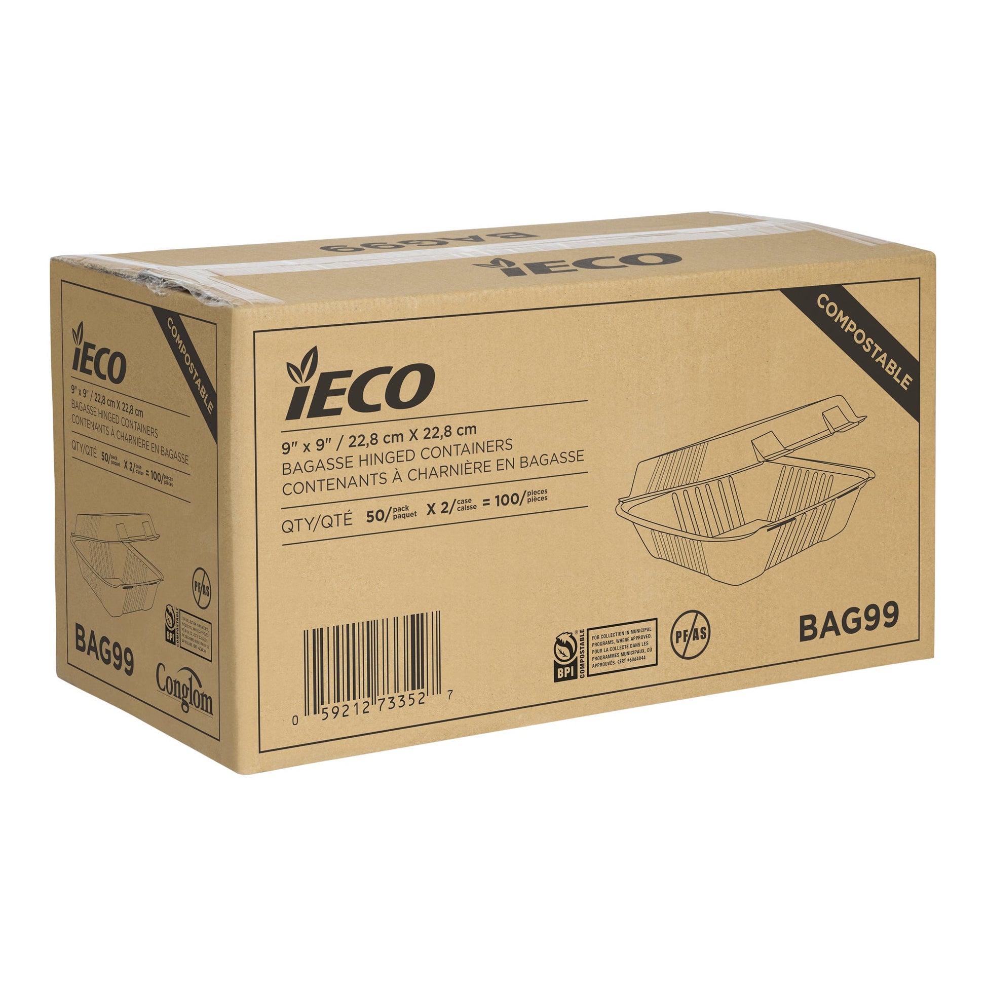 IECO Hinged Bagasse Containers 9 in × 9 in, 2 packs of 50 - image 2