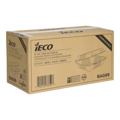 IECO Hinged Bagasse Containers 9 in × 9 in, 2 packs of 50 - image 2