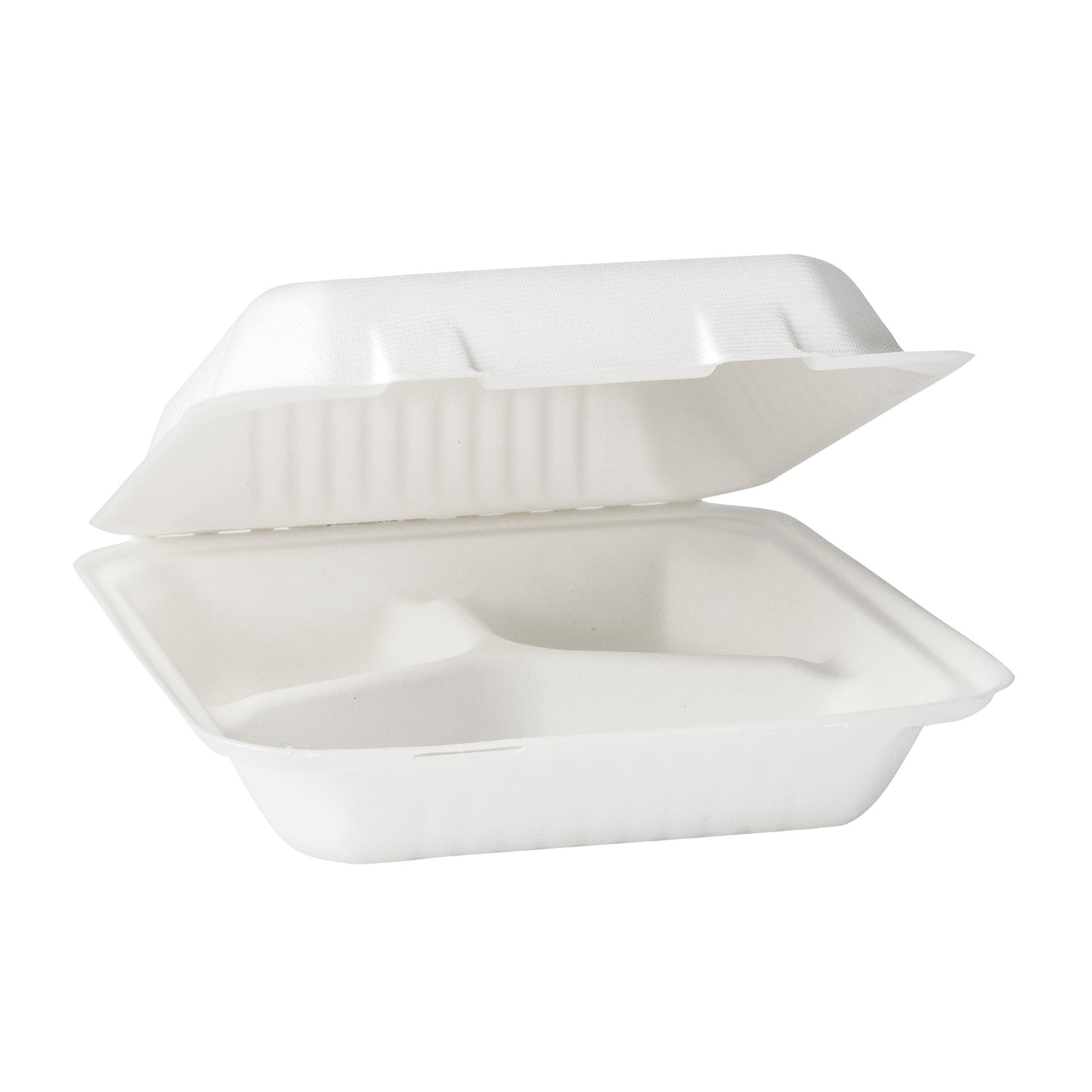 iECO Hinged 3-compartment Bagasse Containers 9 in × 9 in, 2 Packs of 50 - image 1