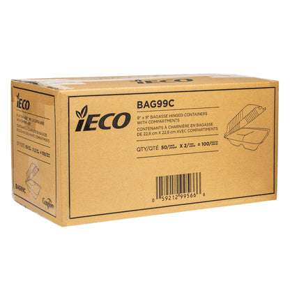 iECO Hinged 3-compartment Bagasse Containers 9 in × 9 in, 2 Packs of 50 - image 2