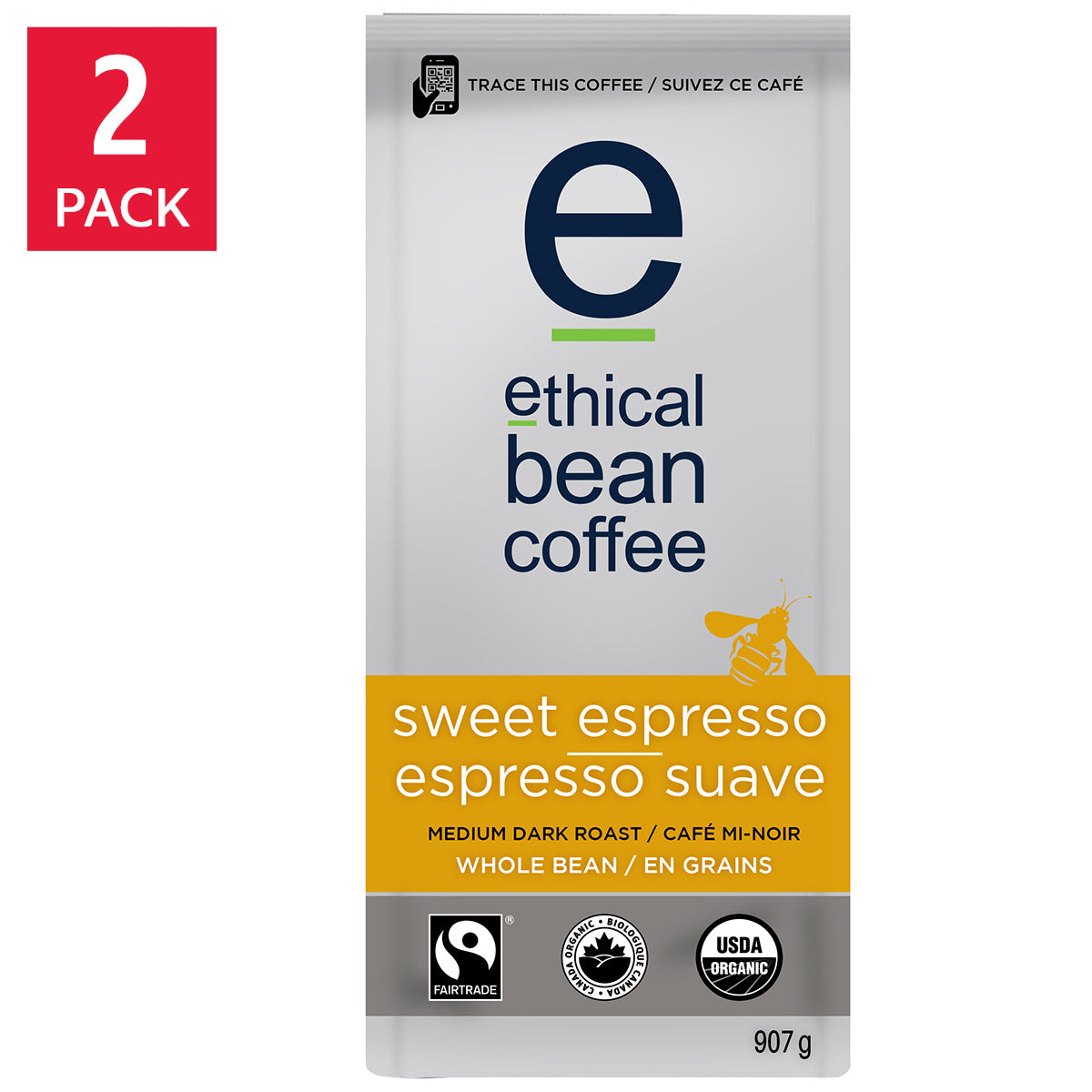 Ethical Bean Coffee Sweet Espresso Medium Dark Roast Whole Bean Coffee, 2 × 907 g - image 1