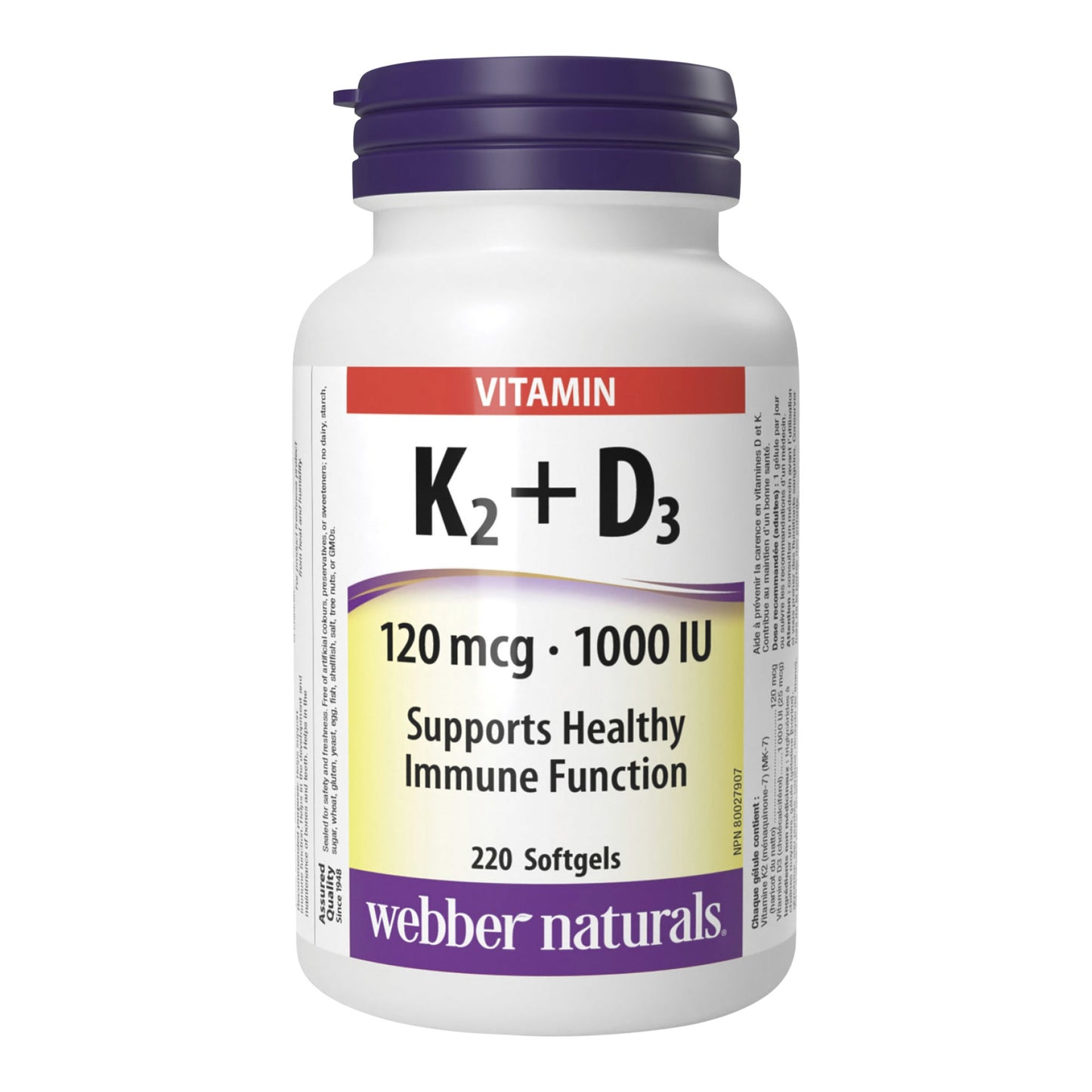 webber naturals Vitamin K2+D3 120 mcg / 1000 IU - 220 softgels - image 2