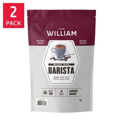 Café William Espresso Barista Dark Roast Fair Trade and Organic Whole Bean Coffee, 2 x 1 kg - image 1
