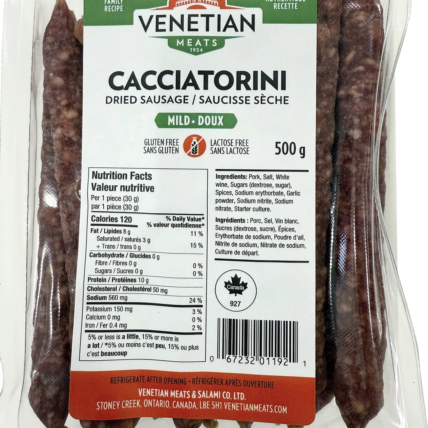 Venetian Meats Cacciatorini Mild Dried Sausage, 500 g - image 1