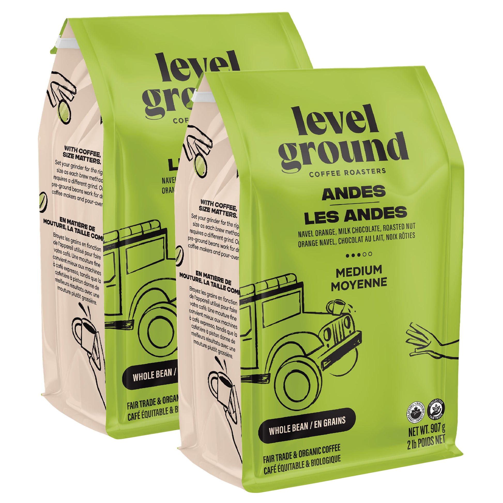 Level Ground Andes Mountains Medium Roast Organic Whole Bean Coffee, 2 × 907 g - image 1