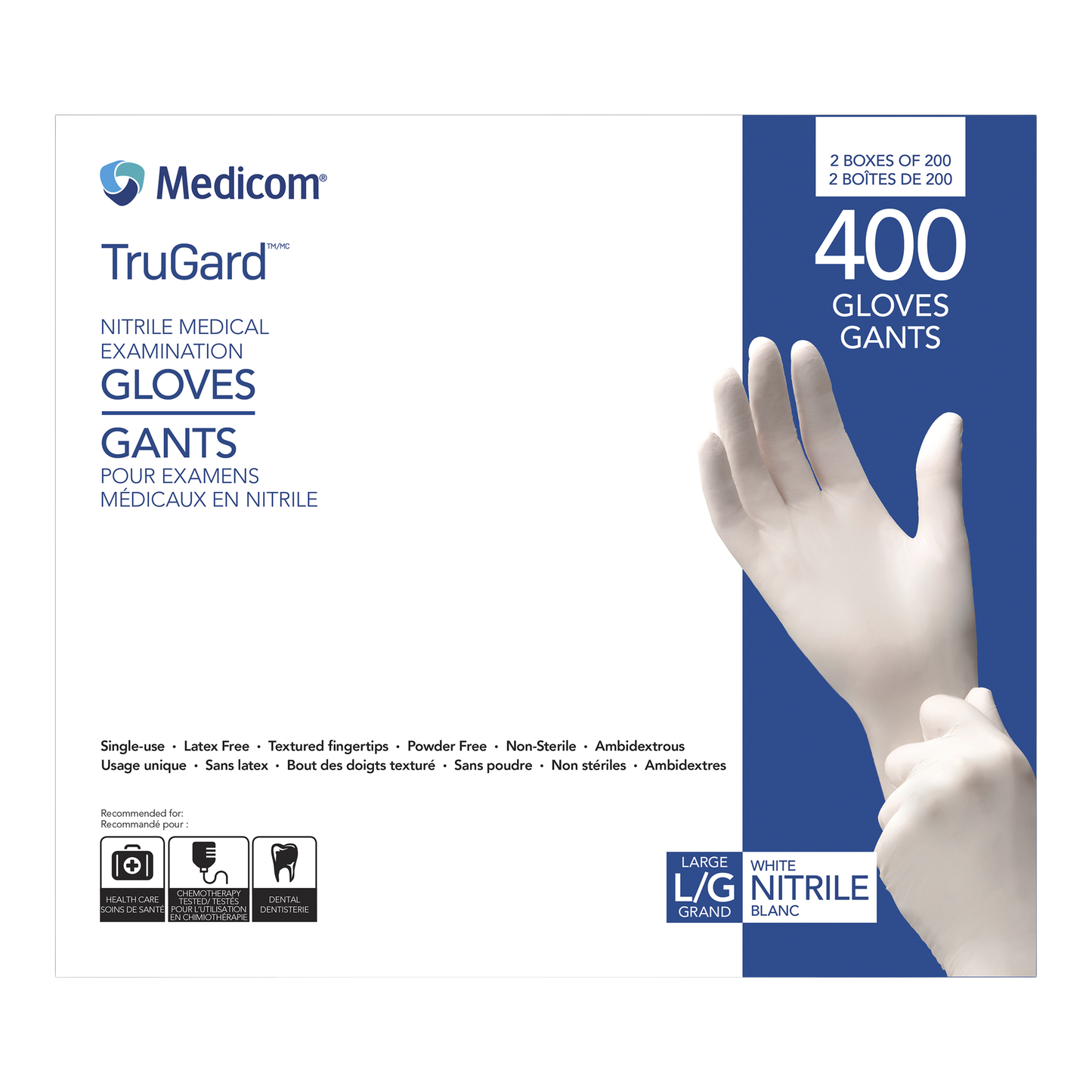 Medicom® TruGard  Nitrile Medical Exam Gloves, 400 gloves (2 x 200), White, Large - image 1