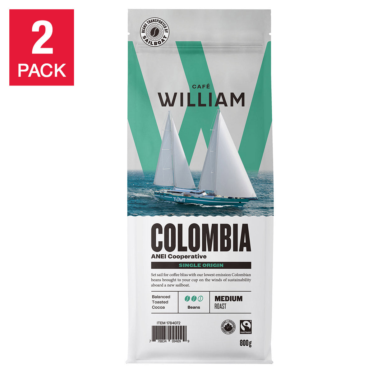 Café William Organic Medium Roast Colombian Coffee Beans, 2 × 800 g - image 1
