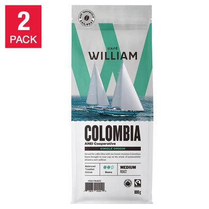 Café William Organic Medium Roast Colombian Coffee Beans, 2 × 800 g - image 1