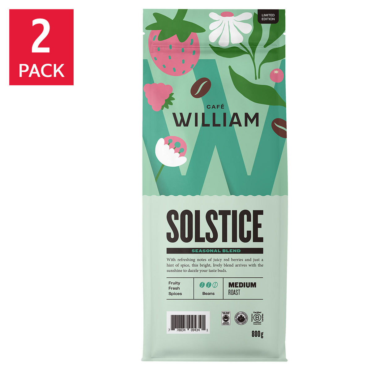 Café William Solstice Organic Spring Blend Medium Roast Coffee, 2 × 800 g - image 1