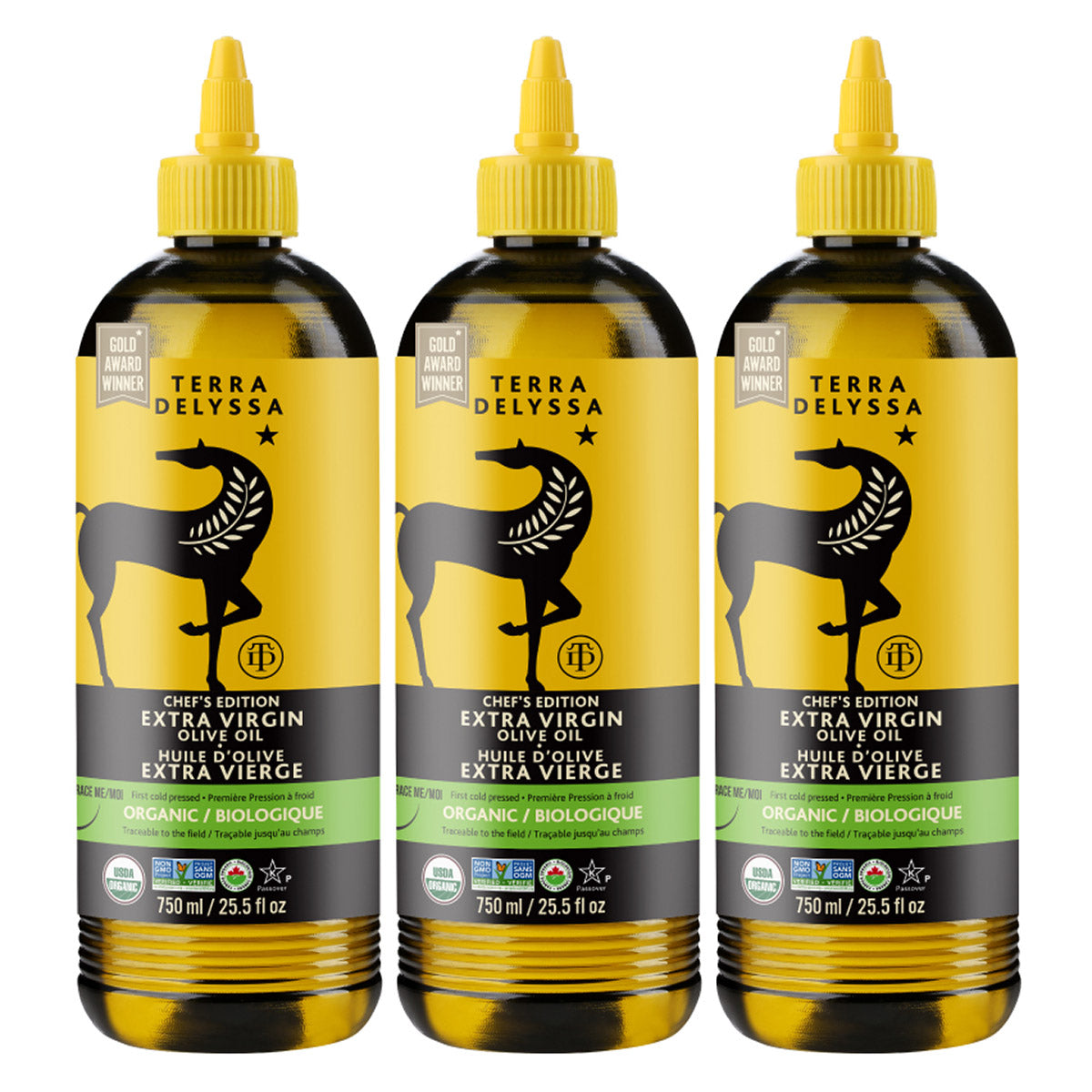Terra Delyssa Squeezable Organic Extra Virgin Olive Oil, 3 × 750 mL - image 1