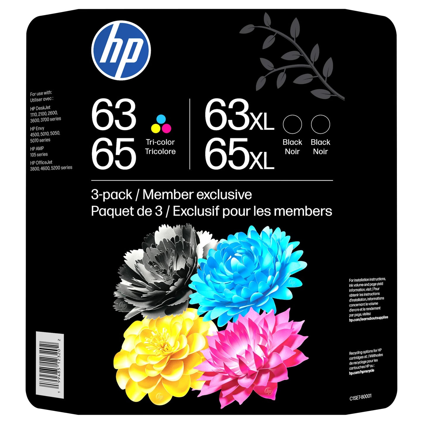 HP Genuine 63/65 Color/Black XL Ink Cartridge Set (C1SE7BN), 3-Pack Combo - image 1