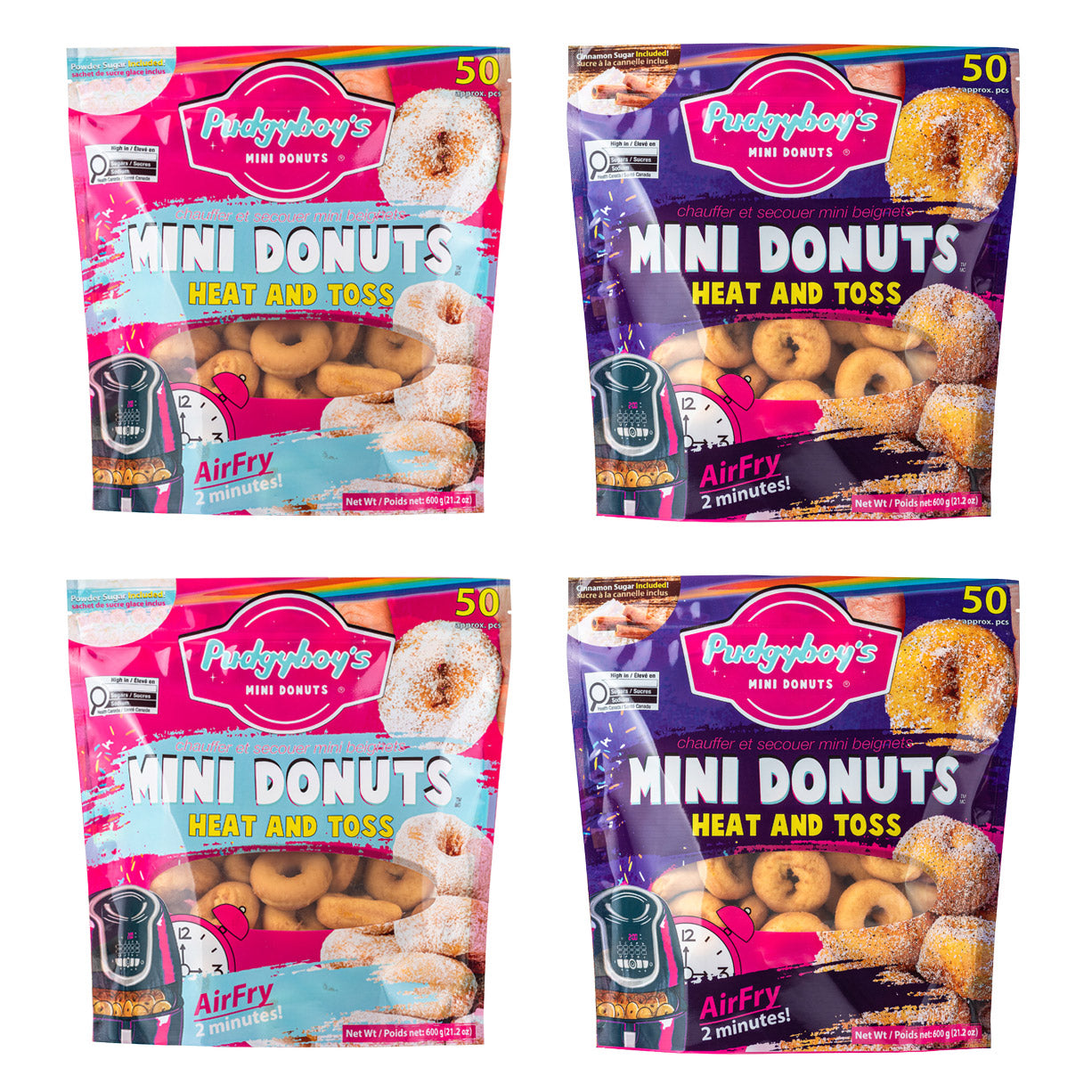 Pudgyboy's Heat & Toss Mini Donuts Variety Pack, 4-pack (2 Cinnamon Sugar & 2 Powdered Sugar) - image 1