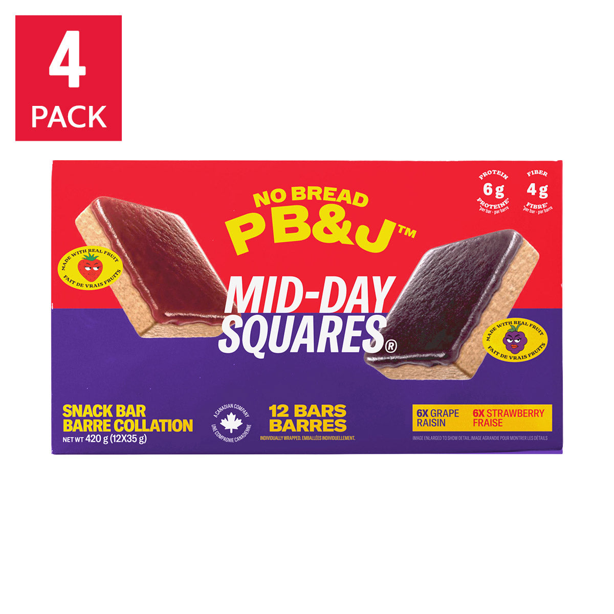 Mid-Day Squares No Bread PB&J Strawberry & Grape Snack Bars Variety Pack, 48 × 33 g - image 1
