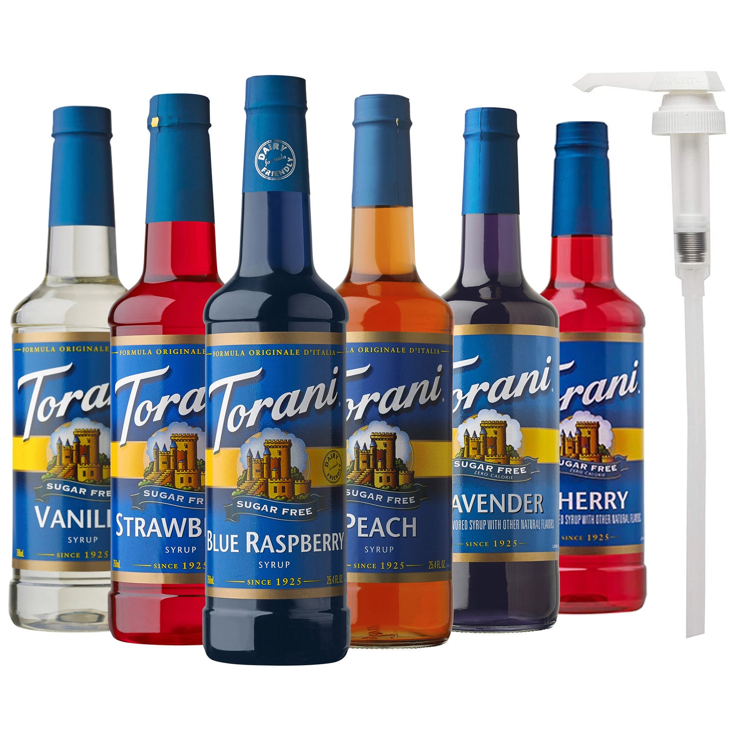 Torani Sugar Free Syrup Variety Pack, 6 × 750 mL + 1 Pump - image 1