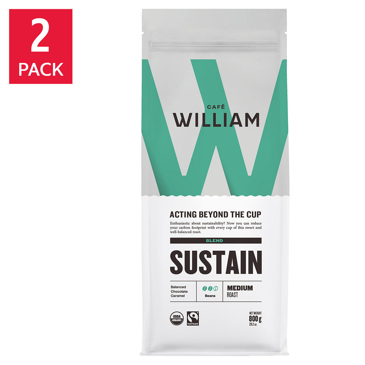 Café William Sustain Medium Roast Sustainable Organic Fairtrade Whole Bean Coffee, 2 x 800g - image 1