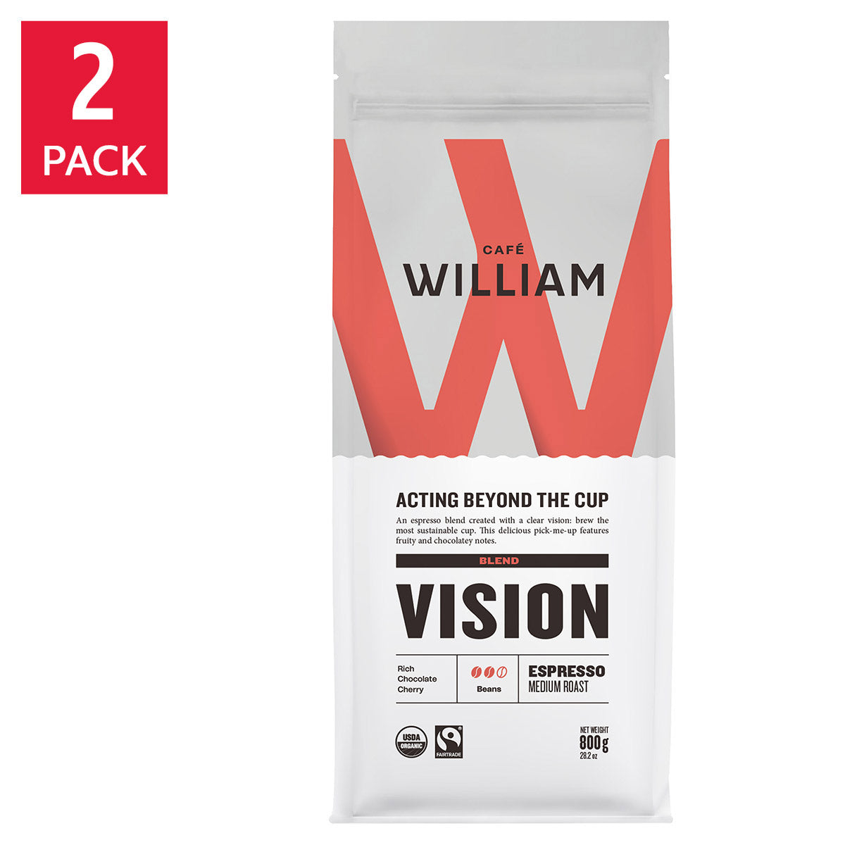 Café William Vision Espresso Medium Roast Sustainable Organic Fairtrade Whole Bean Coffee, 2 x 800 g - image 1