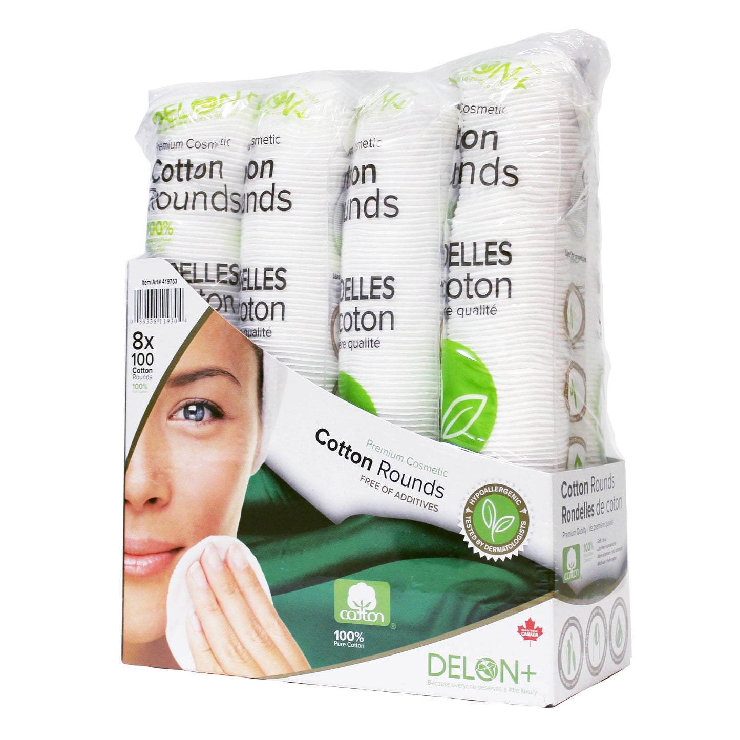 Delon Premium Cosmetic Cotton Rounds, 8 packs of 100 - image 1