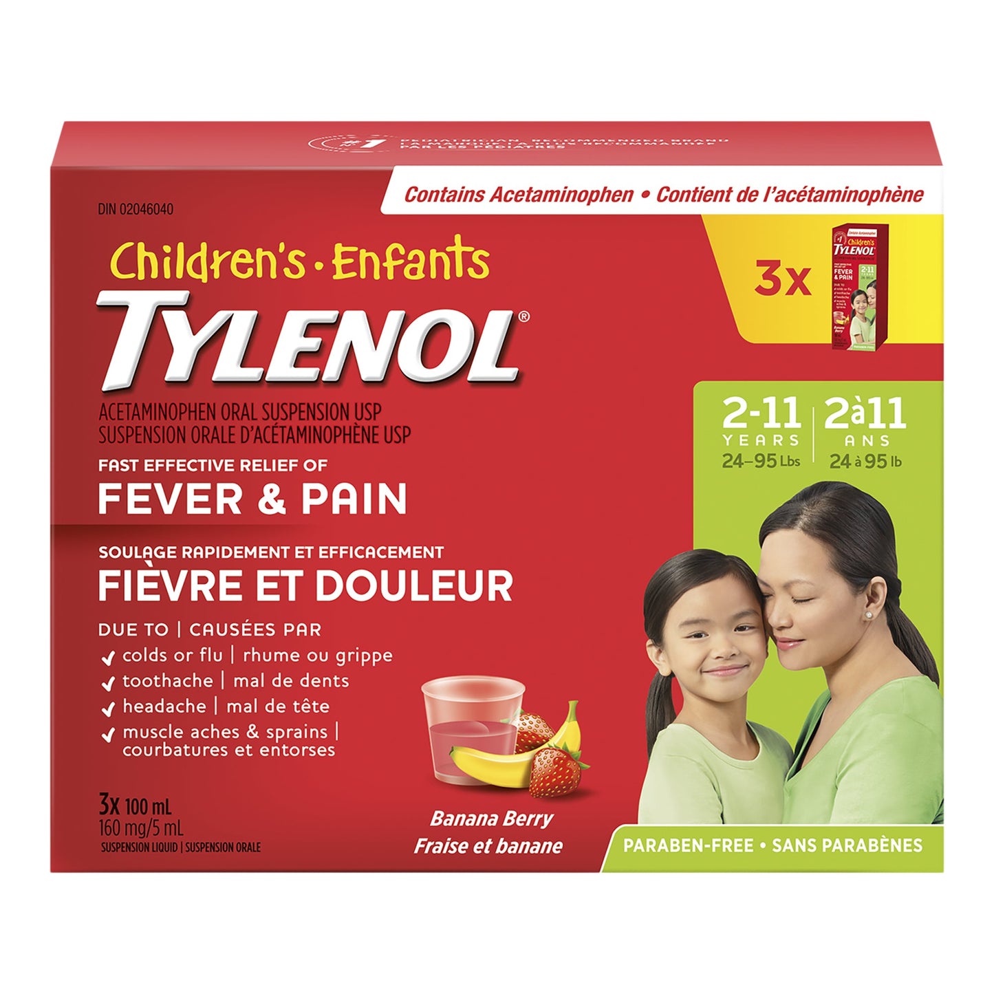 Tylenol Children's Pain Reliever Banana Berry Liquid, 3 x 100 mL - image 1