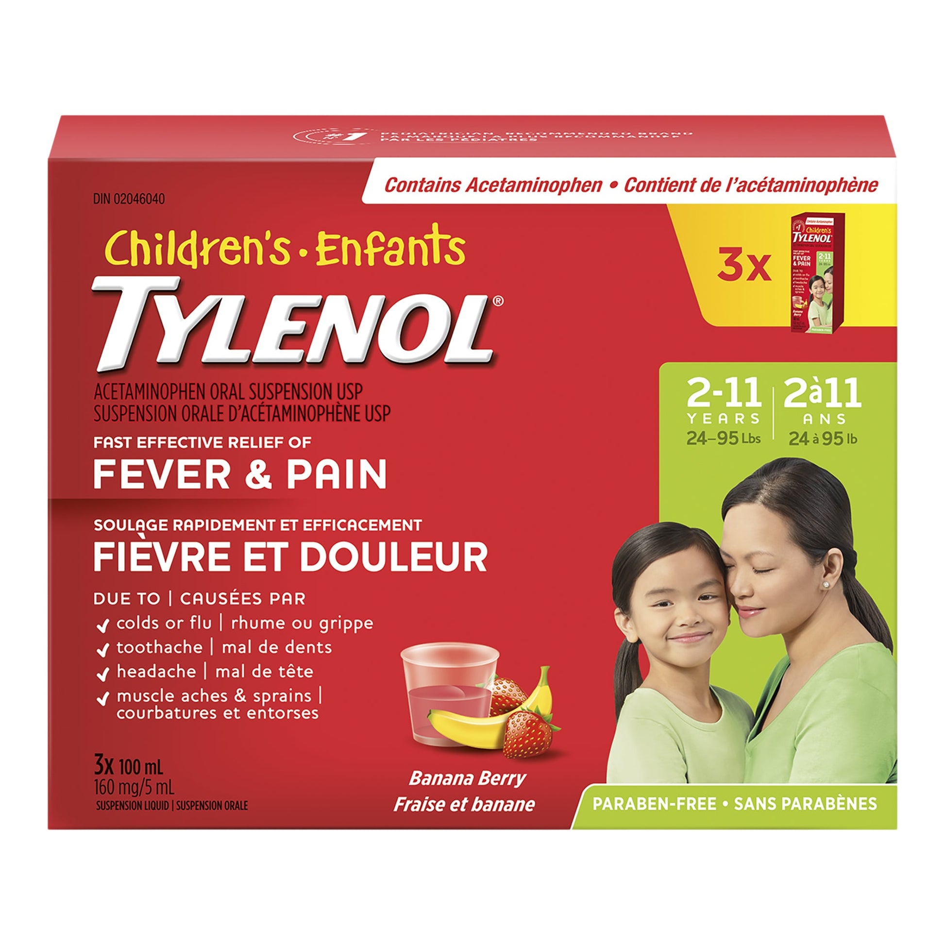Tylenol Children's Pain Reliever Banana Berry Liquid, 3 x 100 mL - image 1