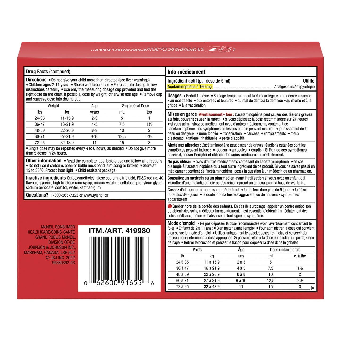 Tylenol Children's Pain Reliever Banana Berry Liquid, 3 x 100 mL - image 2