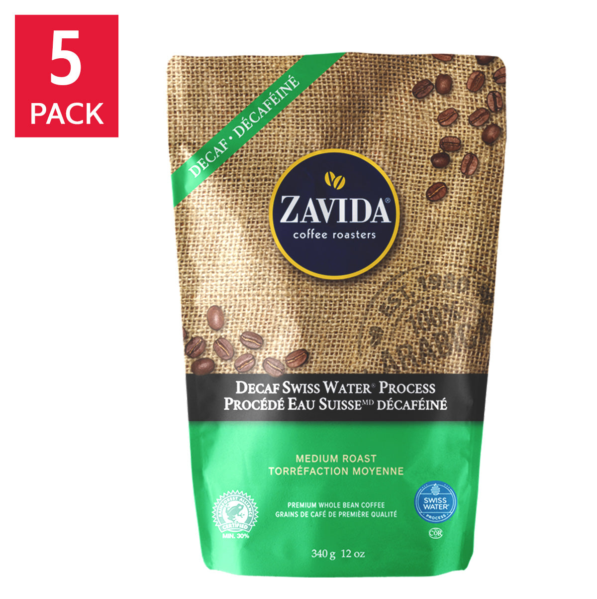 Zavida – Swiss Water Decaf Whole Bean Coffee, 5 x 340 g - image 1