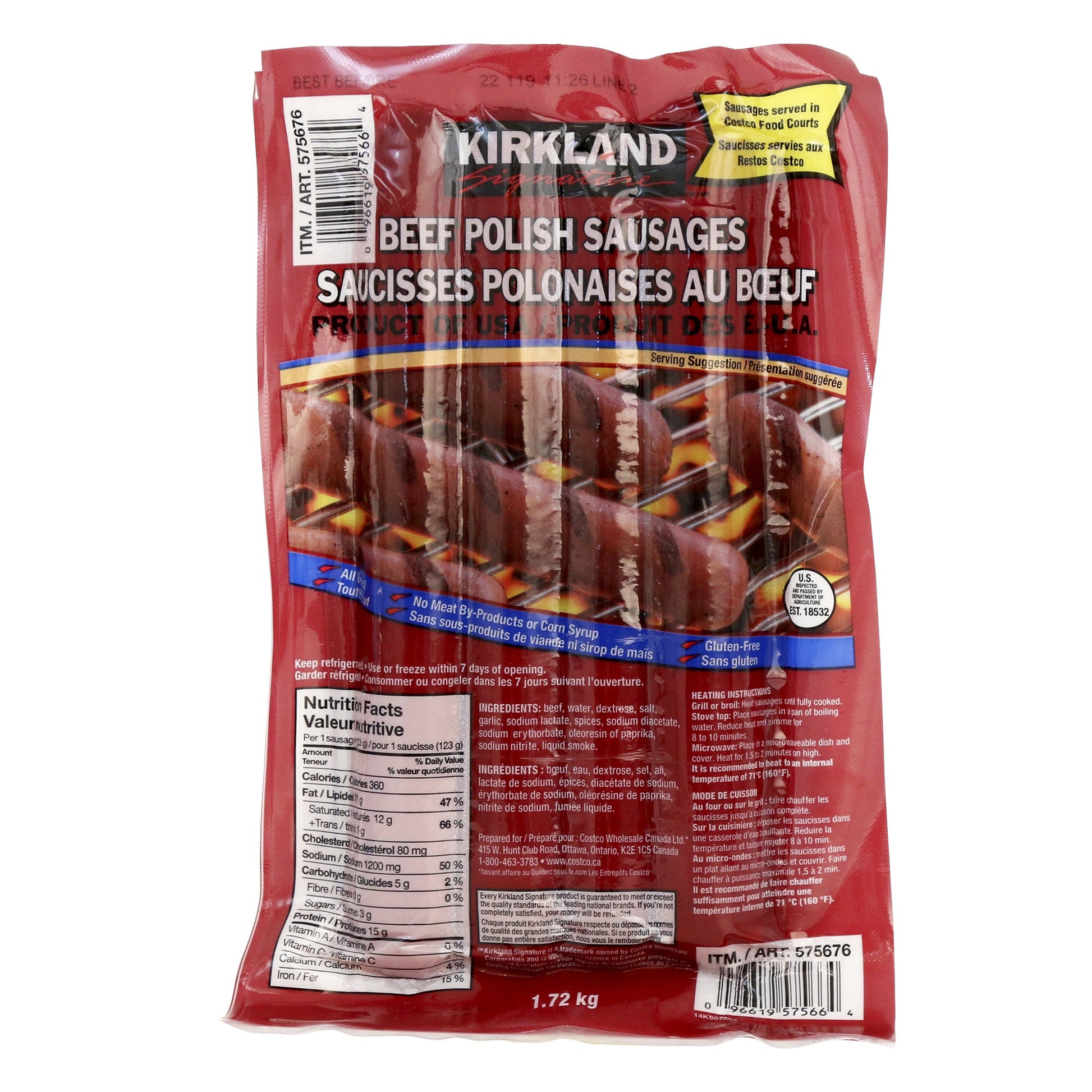 Kirkland Signature Beef Polish Sausages, 1.72 kg - image 1