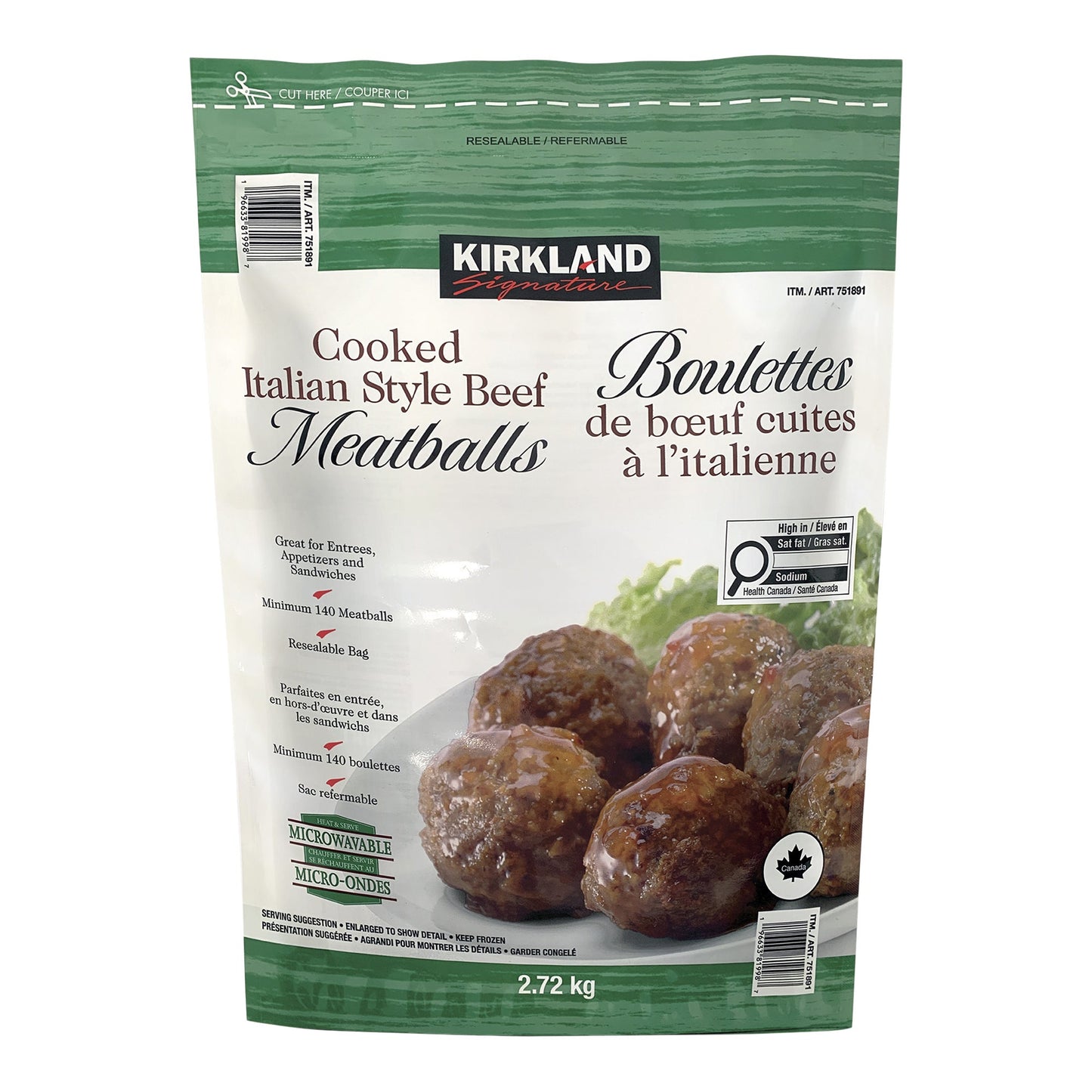 Kirkland Signature Cooked Italian Style Frozen Beef Meatballs, 2.72 kg - image 1