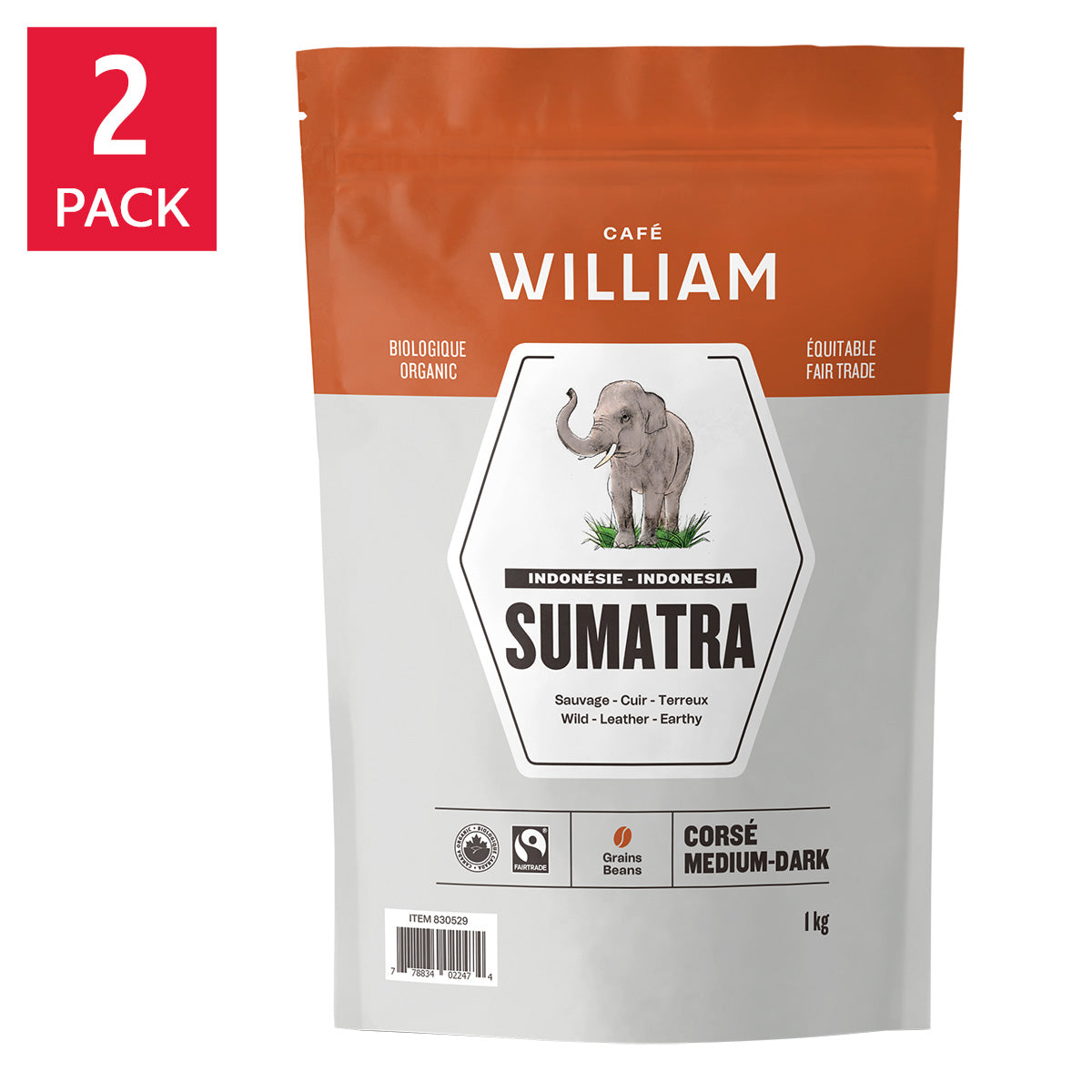 Café William Sumatra Medium-Dark Roast Fair Trade and Organic Whole Bean Coffee, 2 x 1 kg - image 1
