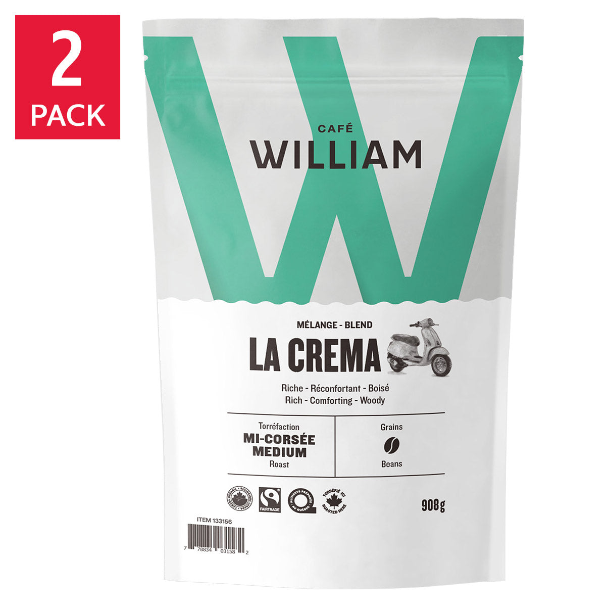 Café William La Crema Whole Bean Organic Fair Trade Coffee, 2 x 908 g - image 1