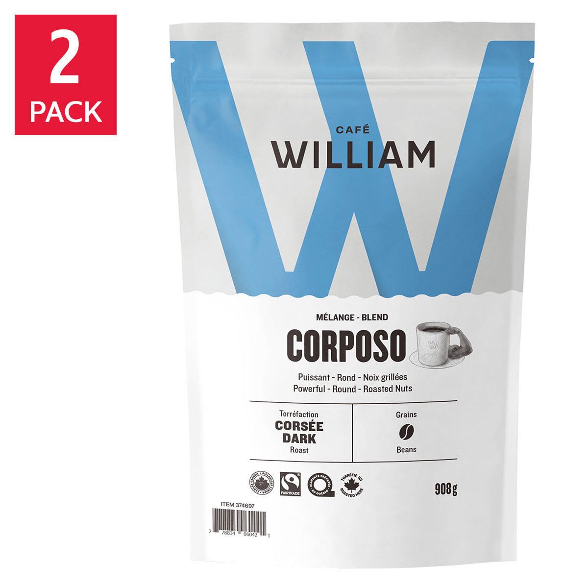 Café William Corposo Dark Roast Fair Trade and Organic Whole Bean Coffee, 2 x 908 g - image 1