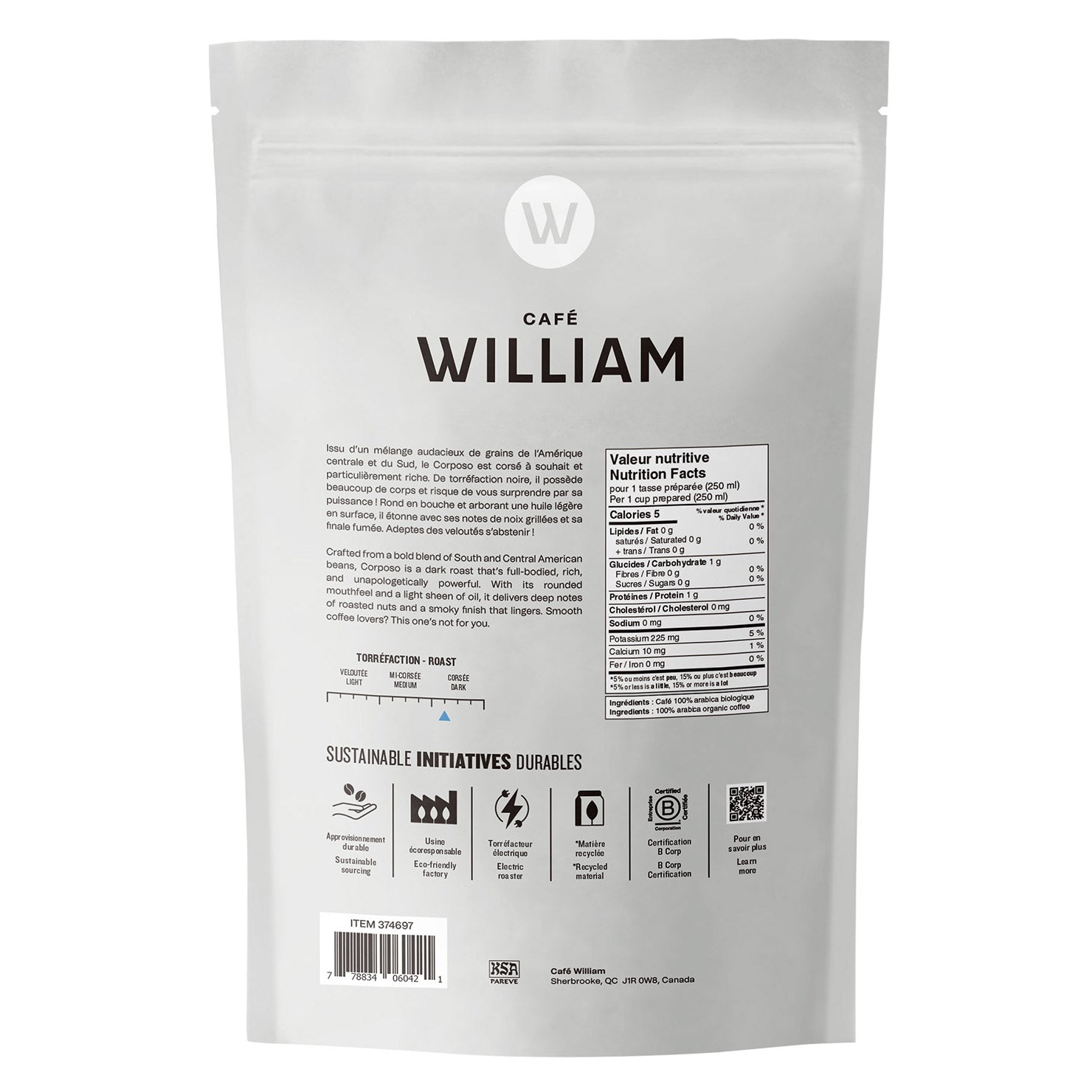 Café William Corposo Dark Roast Fair Trade and Organic Whole Bean Coffee, 2 x 908 g - image 2