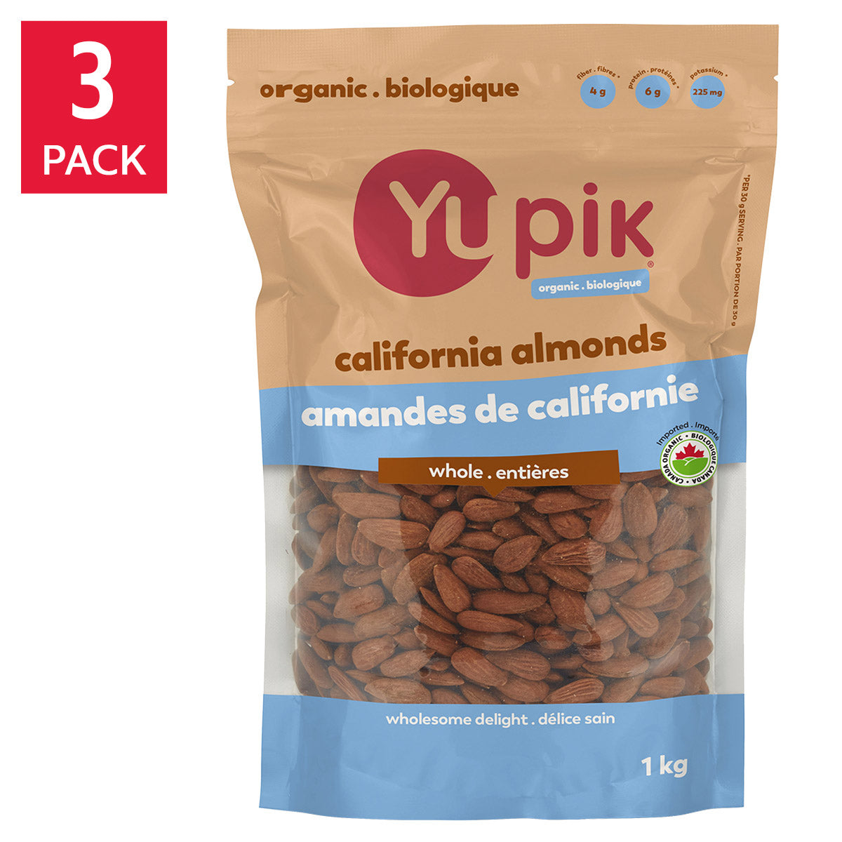 Yupik Organic Raw Almonds, 3 × 1 kg - image 1