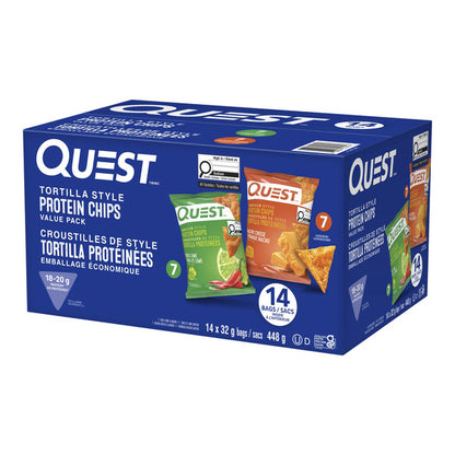 Quest Tortilla Style Protein Chips, Nacho Cheese & Chili Lime Flavours, 14 × 32 g — product image