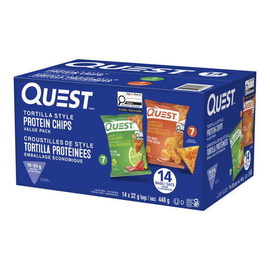 Quest Tortilla Style Protein Chips, Nacho Cheese & Chili Lime Flavours, 14 × 32 g — product image